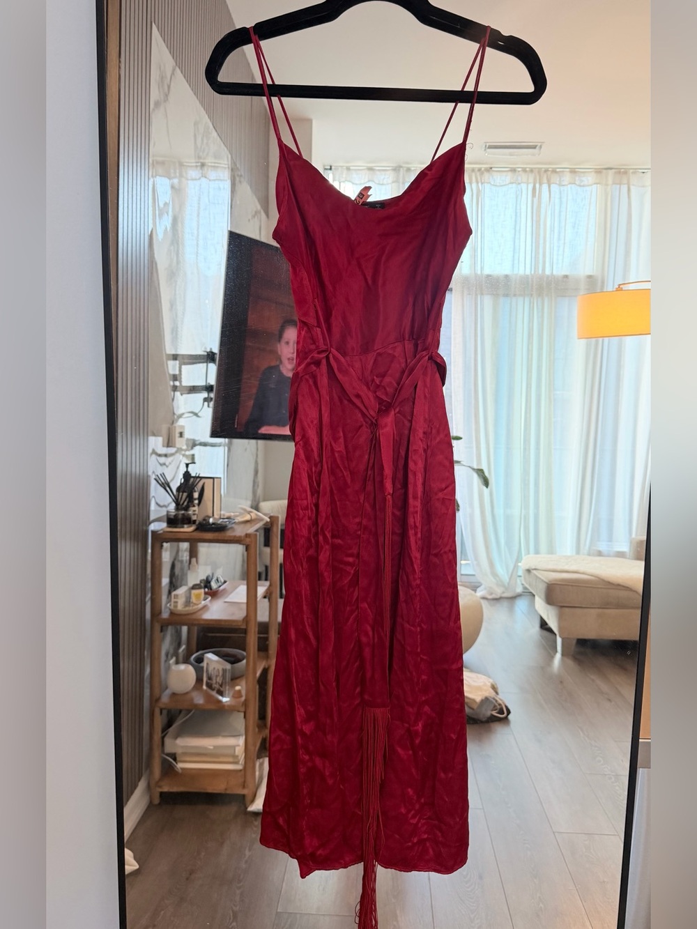 Zara Red Satin midi dress with fringe belt